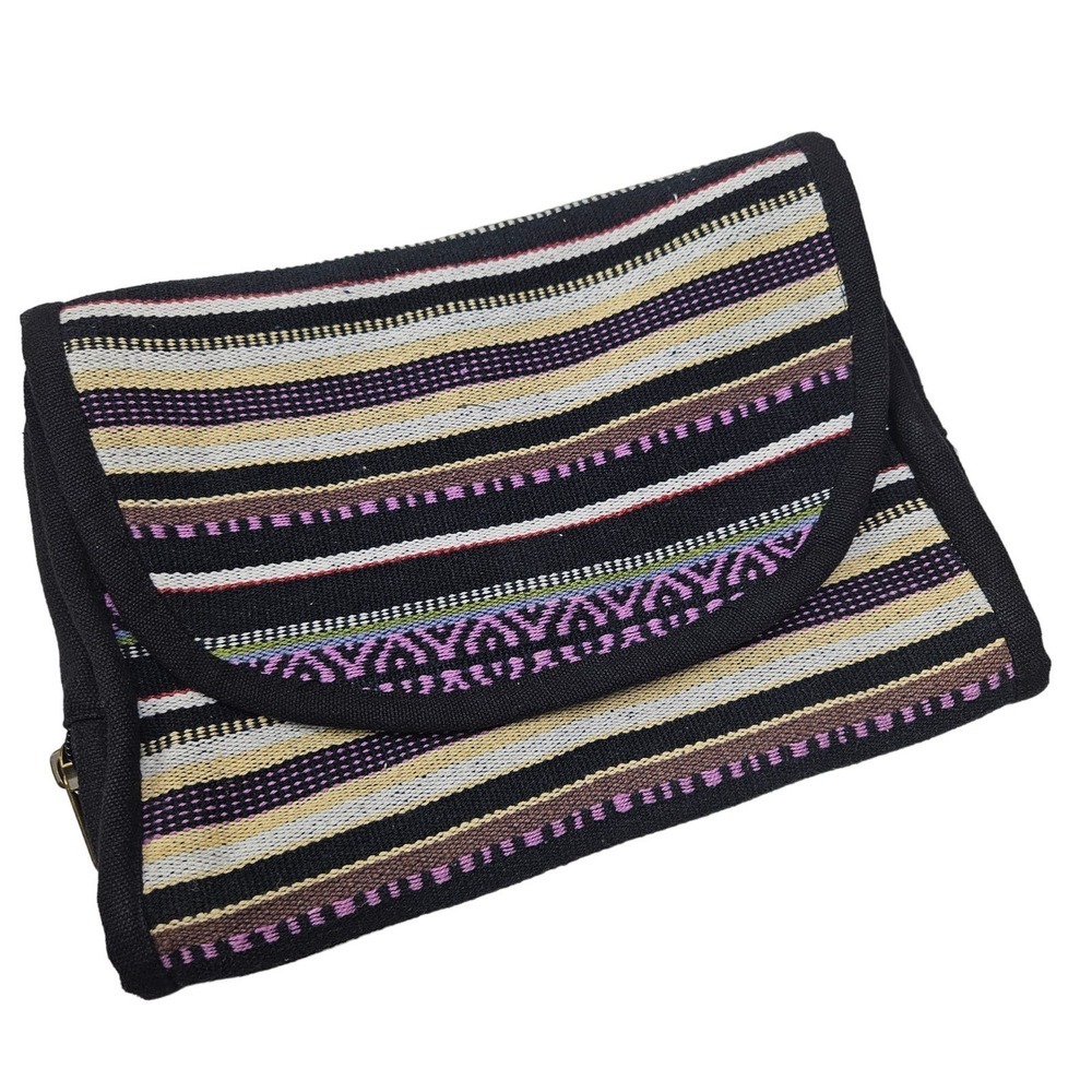 World Market Trifold Cosmetic Travel Pouch Woven Purple Black Boho